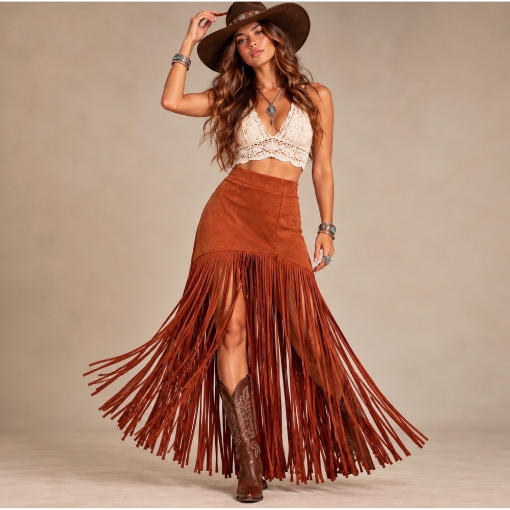 NWT Wild At Heart Long Fringe Rust Faux Suede Western Cowgirl Festival Skirt M